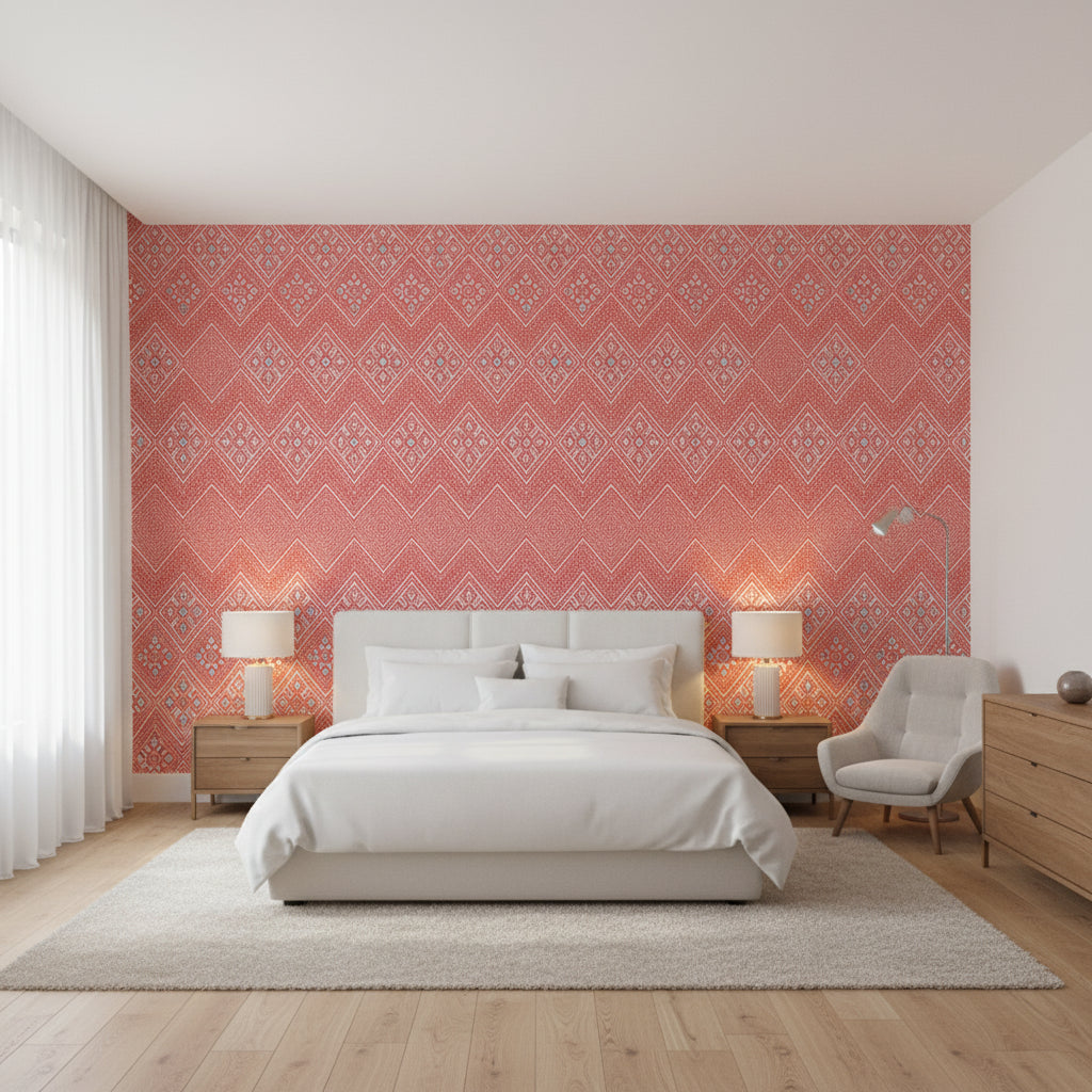 High Plains Coral | Thibaut Wallcoverings - Bedroom Visualization (AI-generated, may not be to scale. Verify pattern scale with product specifications.)