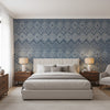 High Plains Navy and White | Thibaut Wallcoverings - Bedroom Visualization (AI-generated, may not be to scale. Verify pattern scale with product specifications.)
