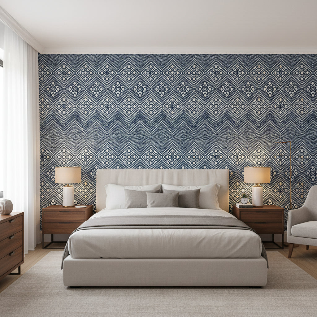 High Plains Navy and White | Thibaut Wallcoverings - Bedroom Visualization (AI-generated, may not be to scale. Verify pattern scale with product specifications.)