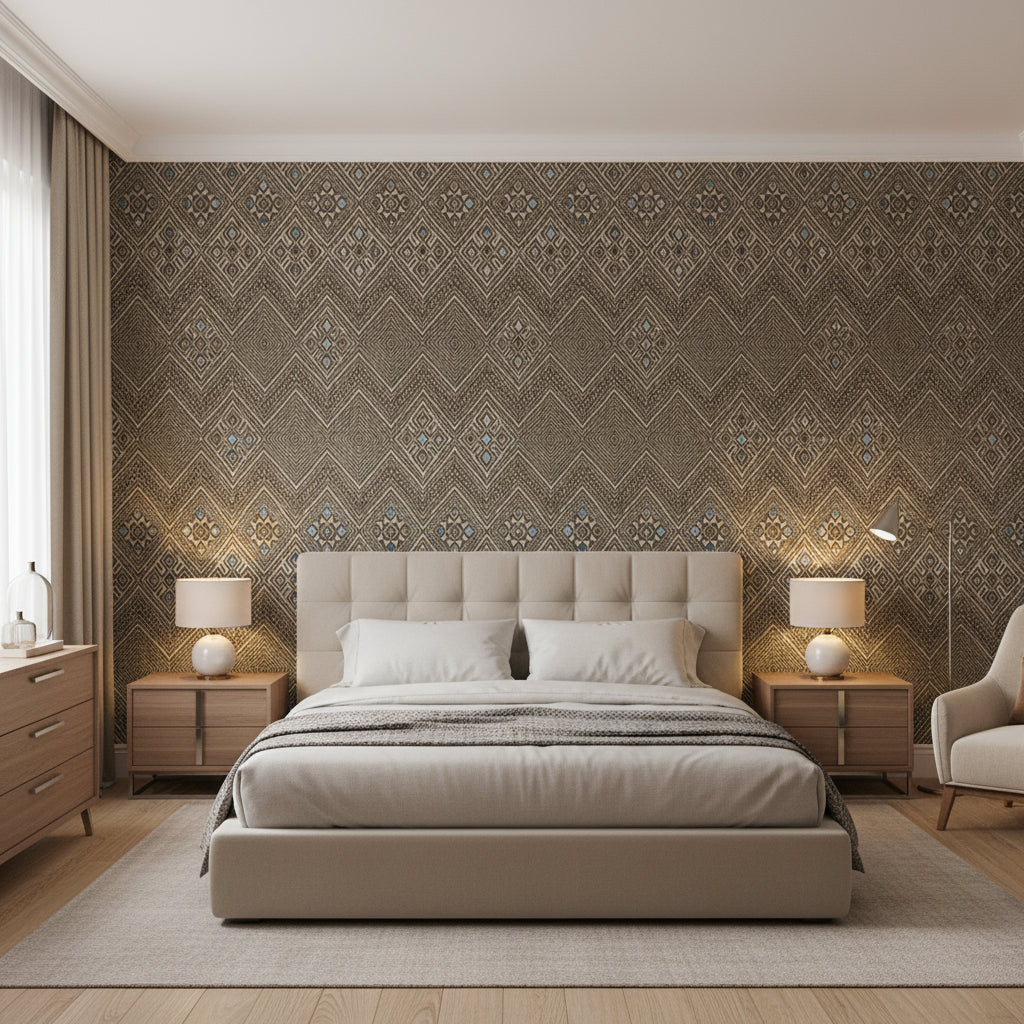 High Plains Brown | Thibaut Wallcoverings - Bedroom Visualization (AI-generated, may not be to scale. Verify pattern scale with product specifications.)