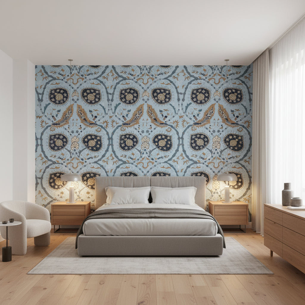 Lewis Mineral Blue | Thibaut Wallcoverings - Bedroom Visualization (AI-generated, may not be to scale. Verify pattern scale with product specifications.)