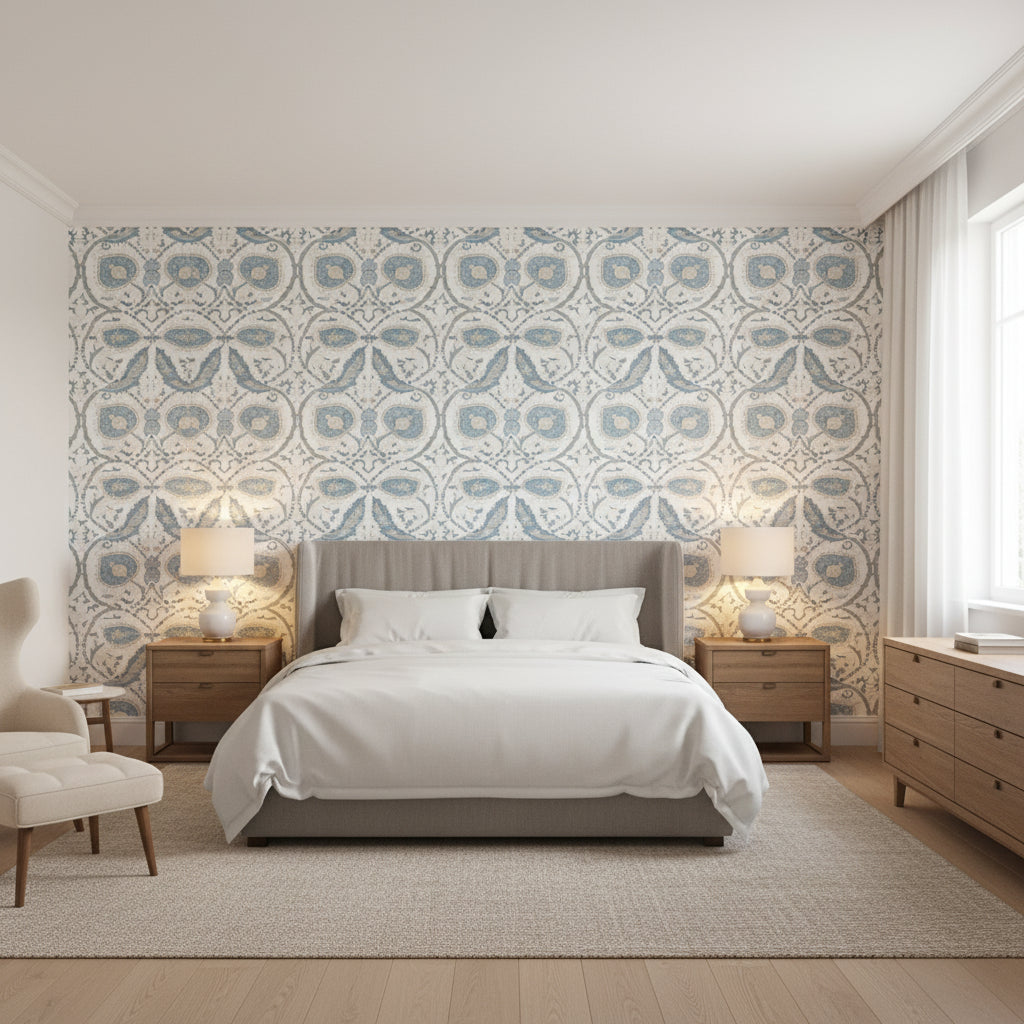 Lewis Spa Blue | Thibaut Wallcoverings - Bedroom Visualization (AI-generated, may not be to scale. Verify pattern scale with product specifications.)
