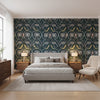 Lewis Charcoal and Bluestone | Thibaut Wallcoverings - Bedroom Visualization (AI-generated, may not be to scale. Verify pattern scale with product specifications.)