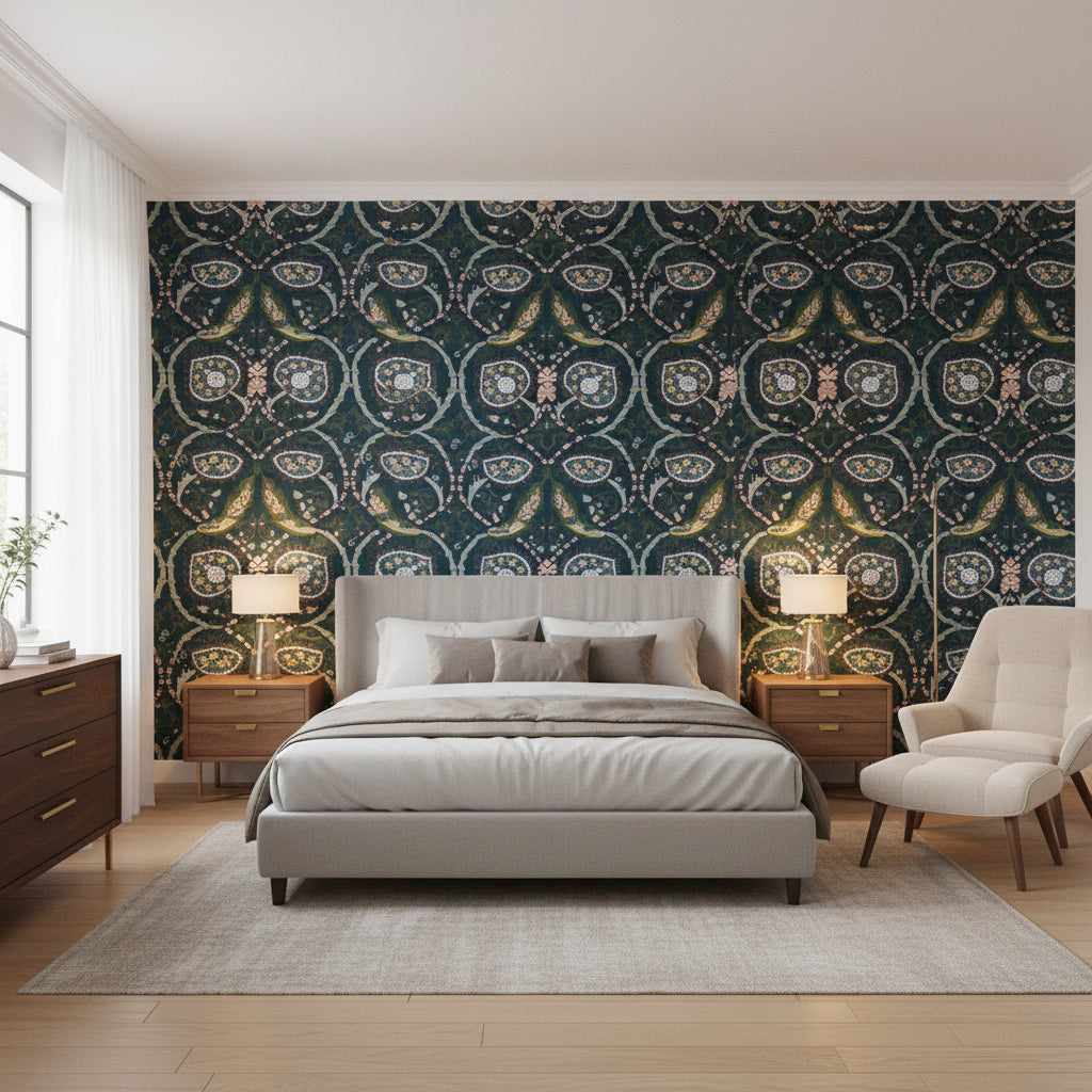 Lewis Charcoal and Bluestone | Thibaut Wallcoverings - Bedroom Visualization (AI-generated, may not be to scale. Verify pattern scale with product specifications.)