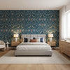 Lewis Navy and Teal | Thibaut Wallcoverings - Bedroom Visualization (AI-generated, may not be to scale. Verify pattern scale with product specifications.)
