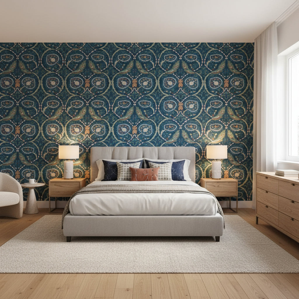 Lewis Navy and Teal | Thibaut Wallcoverings - Bedroom Visualization (AI-generated, may not be to scale. Verify pattern scale with product specifications.)