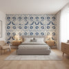 Lewis Blue and Beige | Thibaut Wallcoverings - Bedroom Visualization (AI-generated, may not be to scale. Verify pattern scale with product specifications.)
