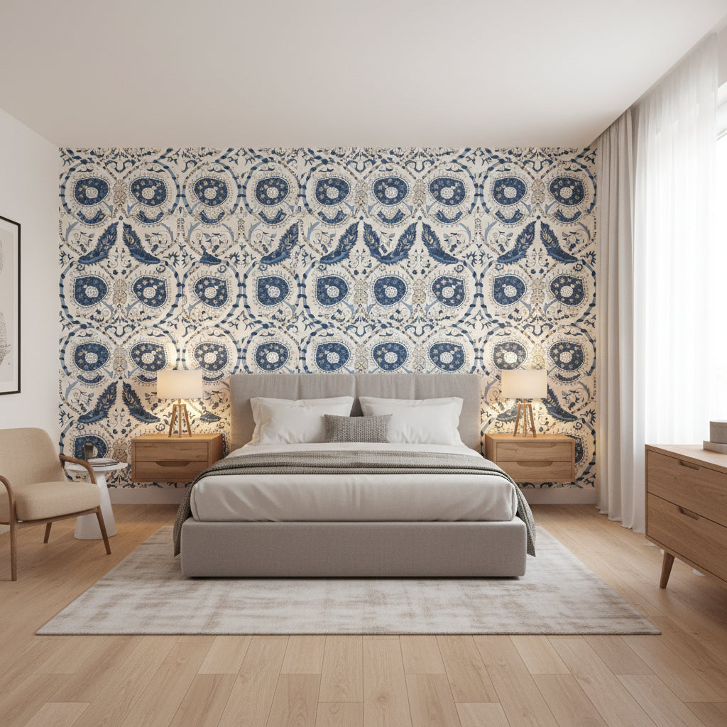 Lewis Blue and Beige | Thibaut Wallcoverings - Bedroom Visualization (AI-generated, may not be to scale. Verify pattern scale with product specifications.)