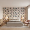 Lewis Coral and Blue | Thibaut Wallcoverings - Bedroom Visualization (AI-generated, may not be to scale. Verify pattern scale with product specifications.)
