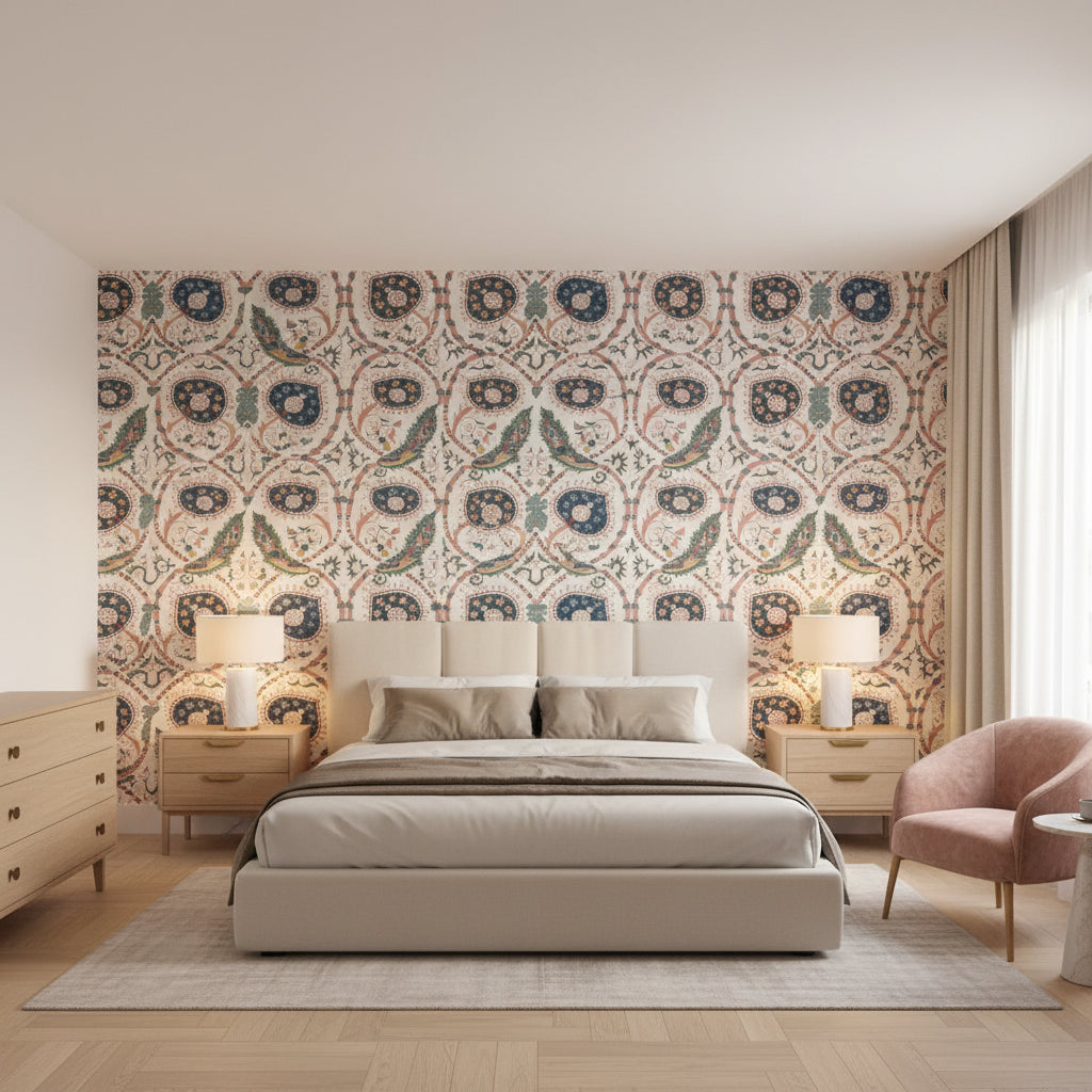 Lewis Coral and Blue | Thibaut Wallcoverings - Bedroom Visualization (AI-generated, may not be to scale. Verify pattern scale with product specifications.)