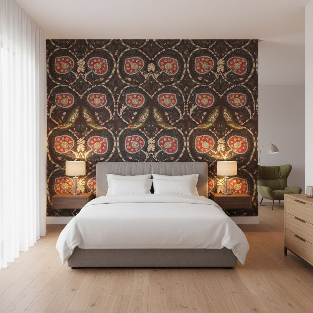 Lewis Brown | Thibaut Wallcoverings - Bedroom Visualization (AI-generated, may not be to scale. Verify pattern scale with product specifications.)