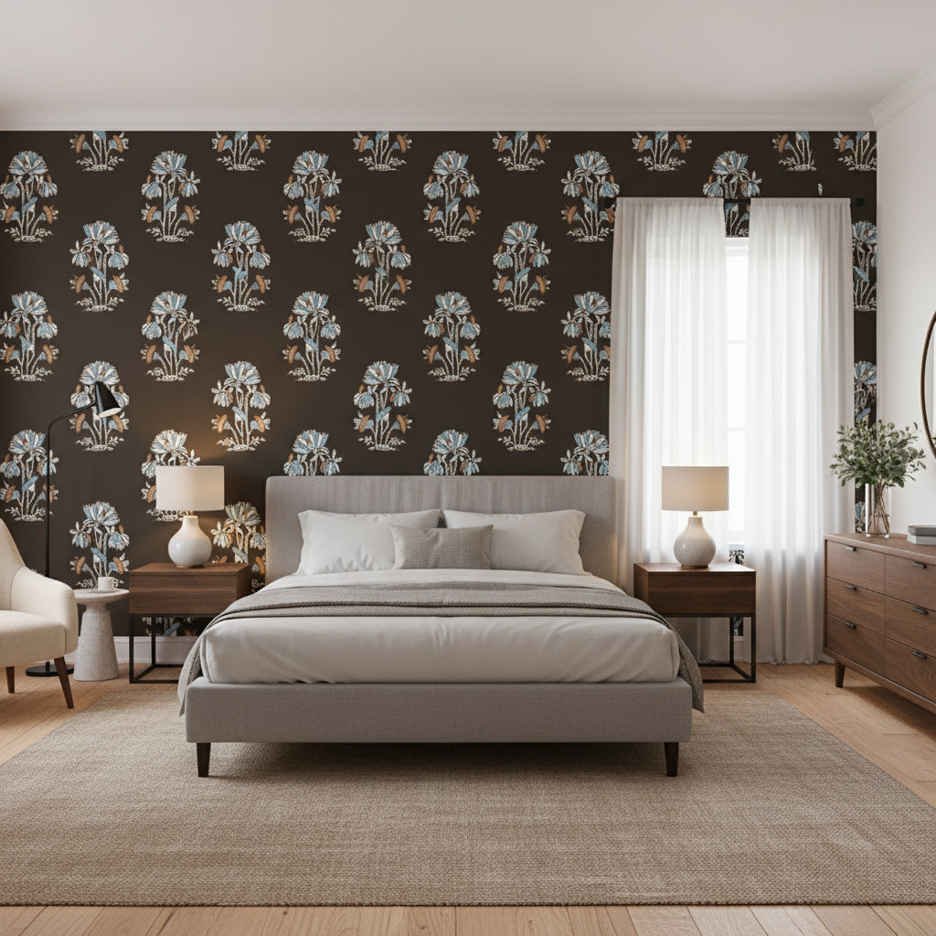 Lily Flower Black | Thibaut Wallcoverings - Bedroom Visualization (AI-generated, may not be to scale. Verify pattern scale with product specifications.)