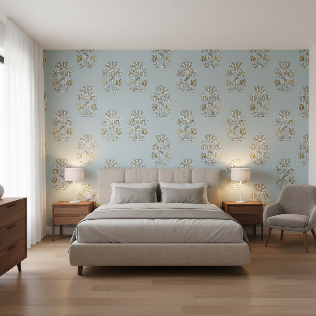 Lily Flower Spa Blue | Thibaut Wallcoverings - Bedroom Visualization (AI-generated, may not be to scale. Verify pattern scale with product specifications.)