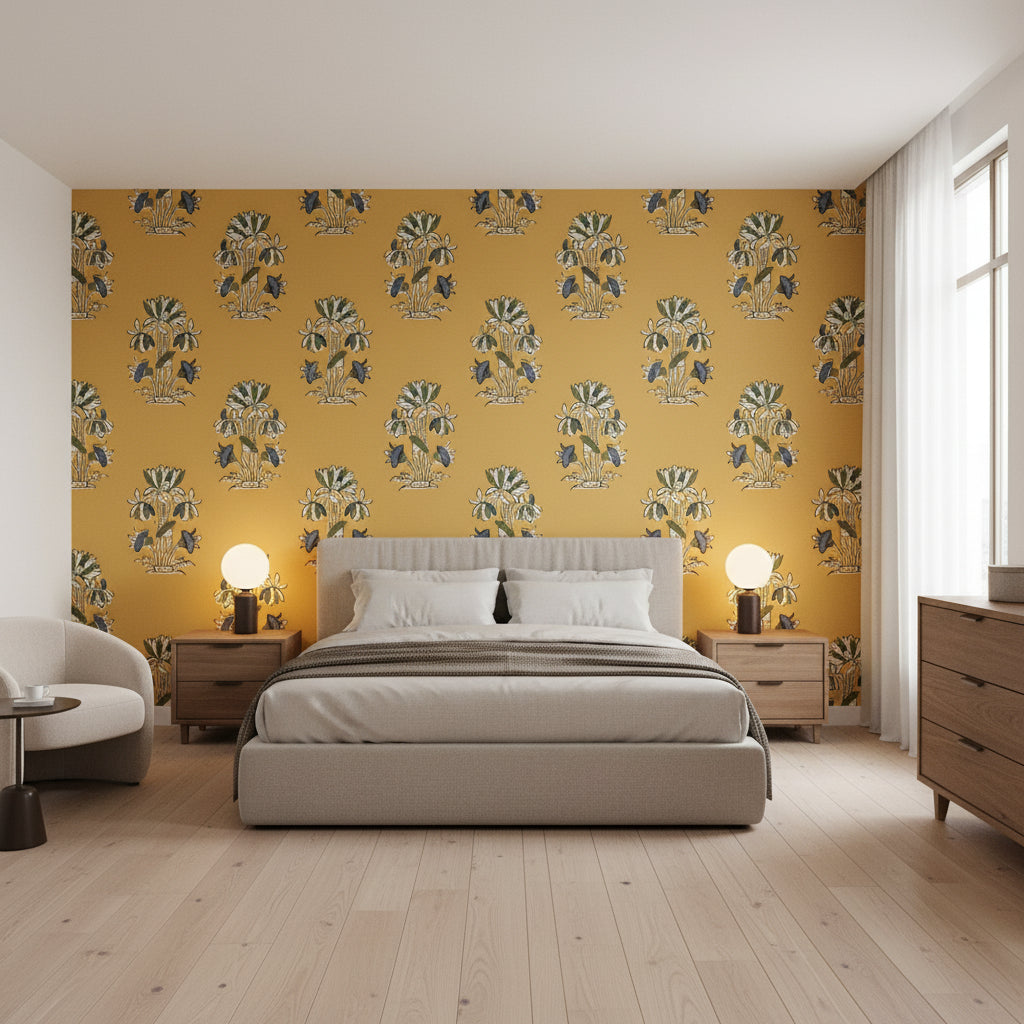 Lily Flower Harvest Gold | Thibaut Wallcoverings - Bedroom Visualization (AI-generated, may not be to scale. Verify pattern scale with product specifications.)