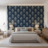 Lily Flower Navy | Thibaut Wallcoverings - Bedroom Visualization (AI-generated, may not be to scale. Verify pattern scale with product specifications.)