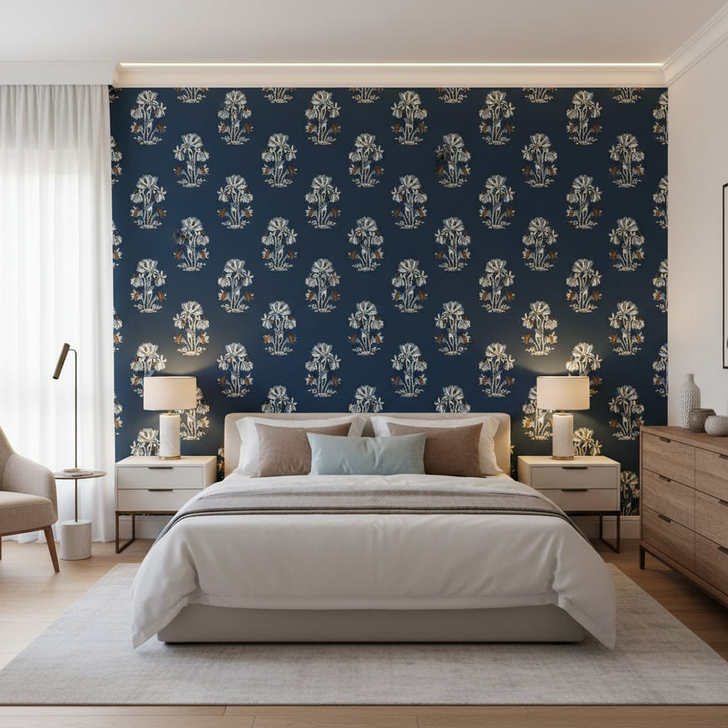 Lily Flower Navy | Thibaut Wallcoverings - Bedroom Visualization (AI-generated, may not be to scale. Verify pattern scale with product specifications.)