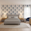 Lily Flower Blue and White | Thibaut Wallcoverings - Bedroom Visualization (AI-generated, may not be to scale. Verify pattern scale with product specifications.)