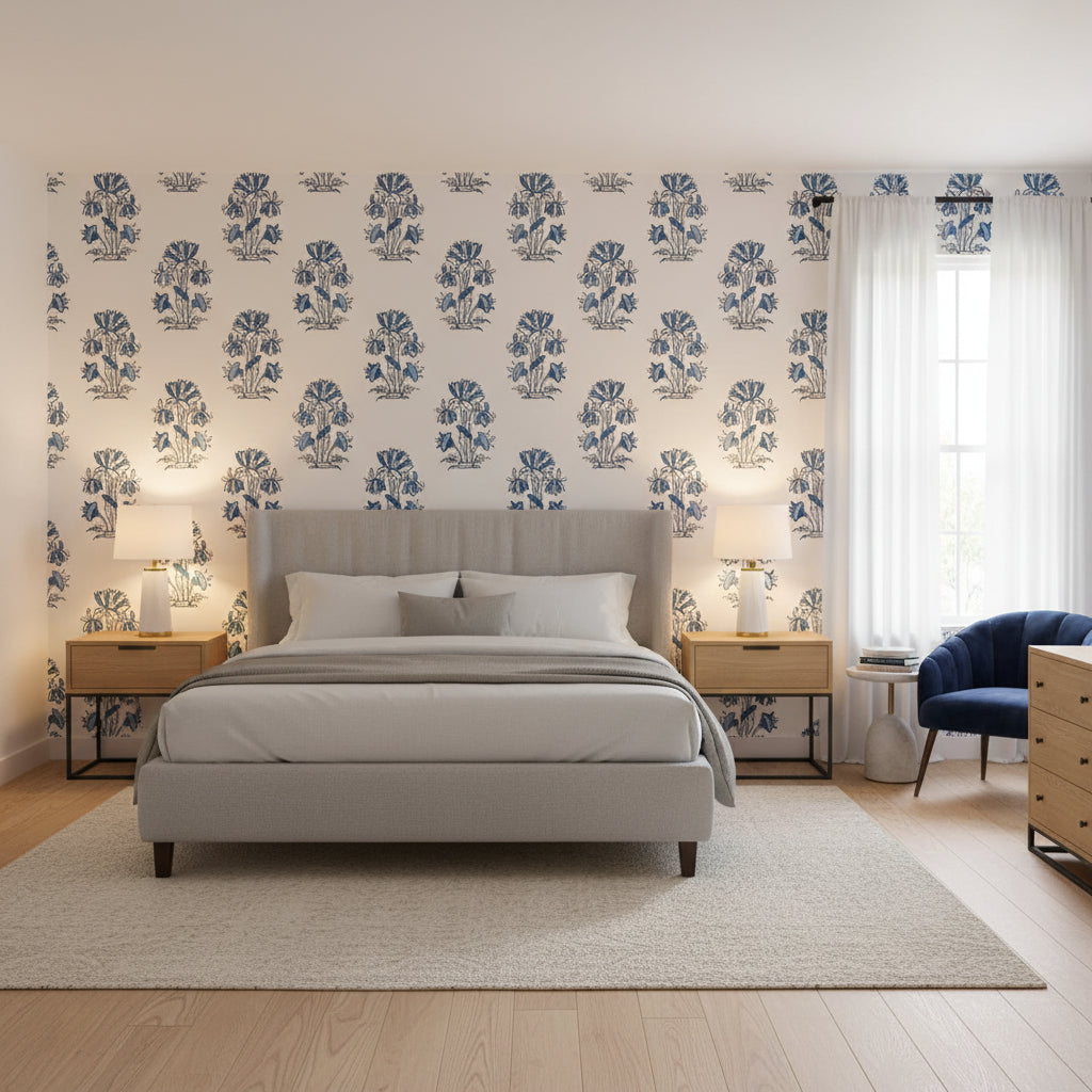 Lily Flower Blue and White | Thibaut Wallcoverings - Bedroom Visualization (AI-generated, may not be to scale. Verify pattern scale with product specifications.)