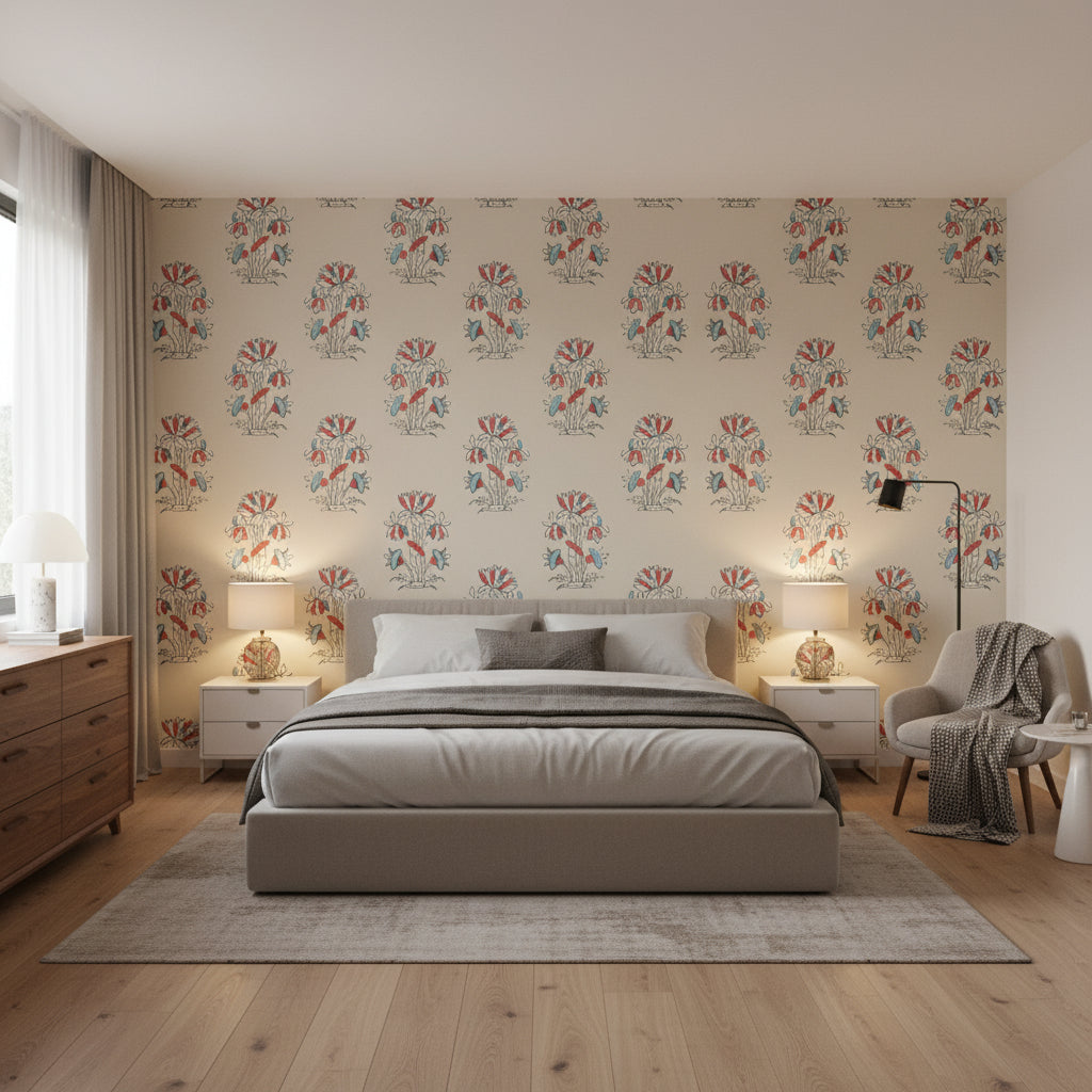 Lily Flower Beige and Sunbaked | Thibaut Wallcoverings - Bedroom Visualization (AI-generated, may not be to scale. Verify pattern scale with product specifications.)