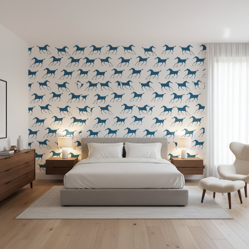 Marlborough Downs Navy on Off White | Thibaut Wallcoverings - Bedroom Visualization (AI-generated, may not be to scale. Verify pattern scale with product specifications.)
