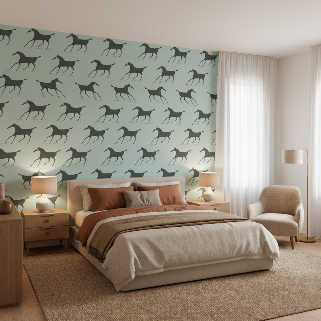 Marlborough Downs Spa Blue | Thibaut Wallcoverings - Bedroom Visualization (AI-generated, may not be to scale. Verify pattern scale with product specifications.)