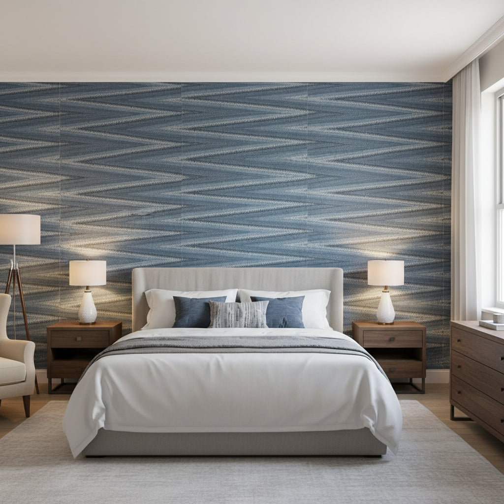 Moab Weave Navy | Thibaut Wallcoverings - Bedroom Visualization (AI-generated, may not be to scale. Verify pattern scale with product specifications.)