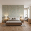Moab Weave Teal | Thibaut Wallcoverings - Bedroom Visualization (AI-generated, may not be to scale. Verify pattern scale with product specifications.)