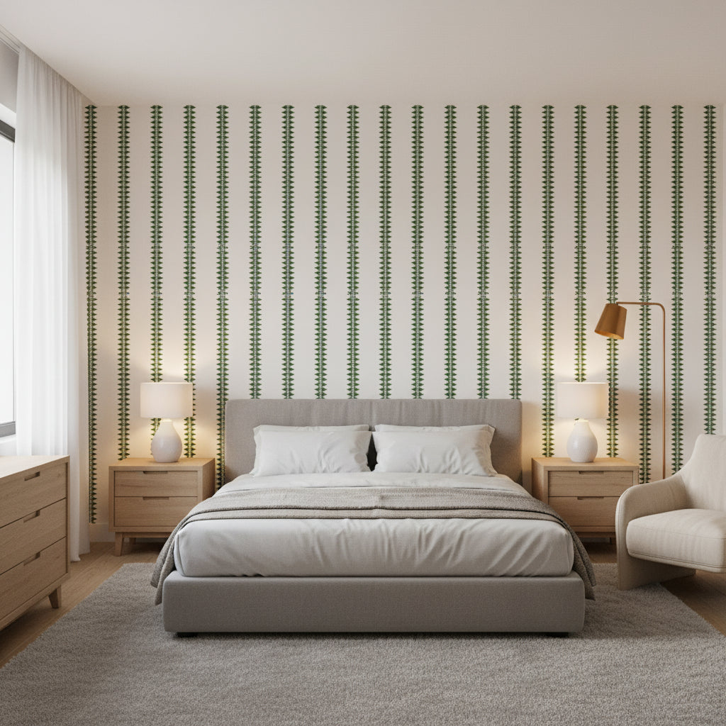 Reno Stripe Green | Thibaut Wallcoverings - Bedroom Visualization (AI-generated, may not be to scale. Verify pattern scale with product specifications.)