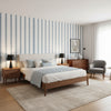 Reno Stripe Teal | Thibaut Wallcoverings - Bedroom Visualization (AI-generated, may not be to scale. Verify pattern scale with product specifications.)