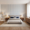 Reno Stripe Navy | Thibaut Wallcoverings - Bedroom Visualization (AI-generated, may not be to scale. Verify pattern scale with product specifications.)