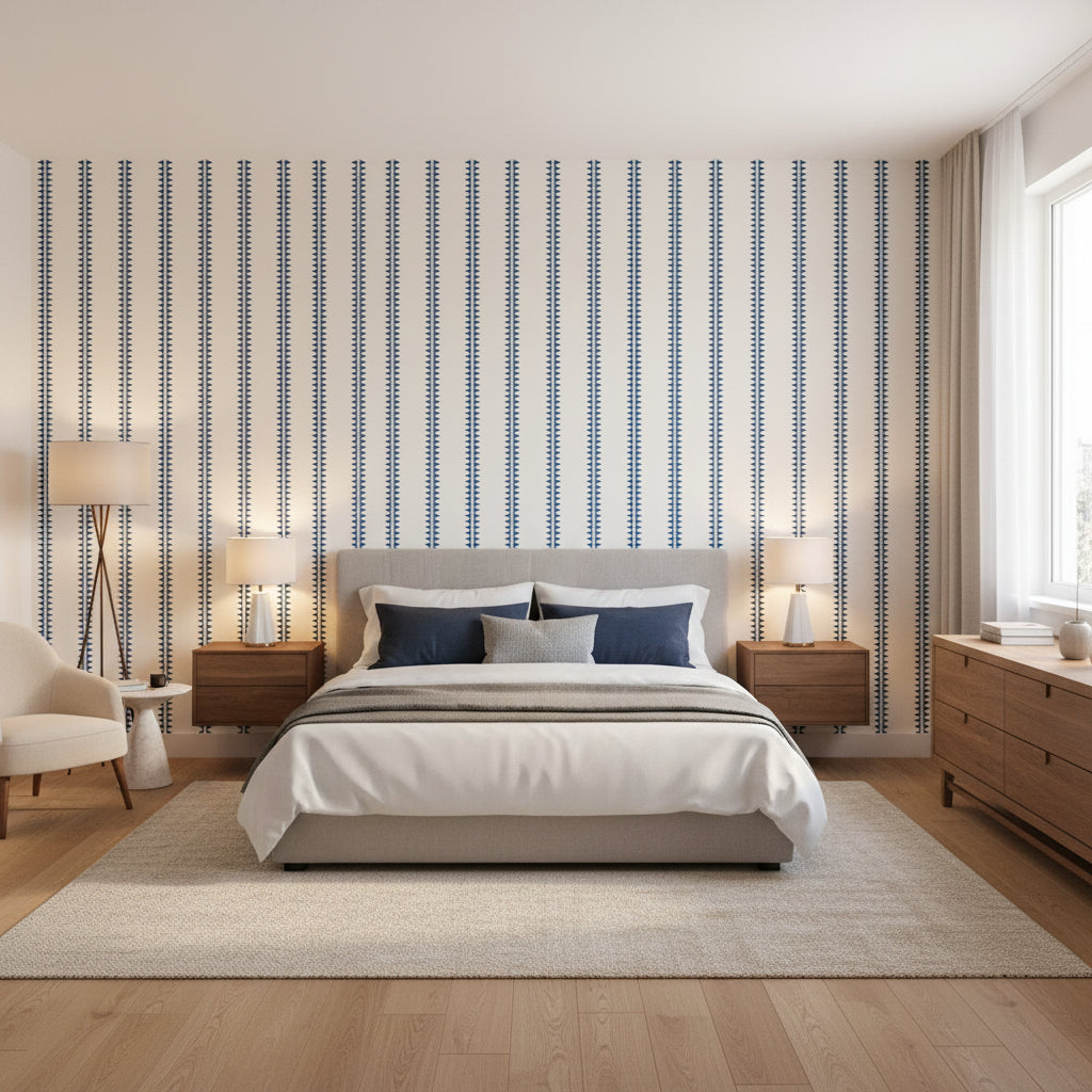 Reno Stripe Navy | Thibaut Wallcoverings - Bedroom Visualization (AI-generated, may not be to scale. Verify pattern scale with product specifications.)