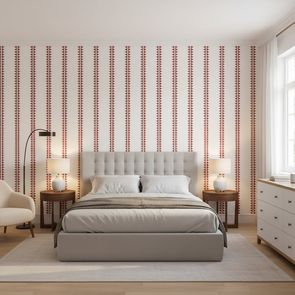 Reno Stripe Coral | Thibaut Wallcoverings - Bedroom Visualization (AI-generated, may not be to scale. Verify pattern scale with product specifications.)