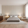 Reno Stripe Brown | Thibaut Wallcoverings - Bedroom Visualization (AI-generated, may not be to scale. Verify pattern scale with product specifications.)