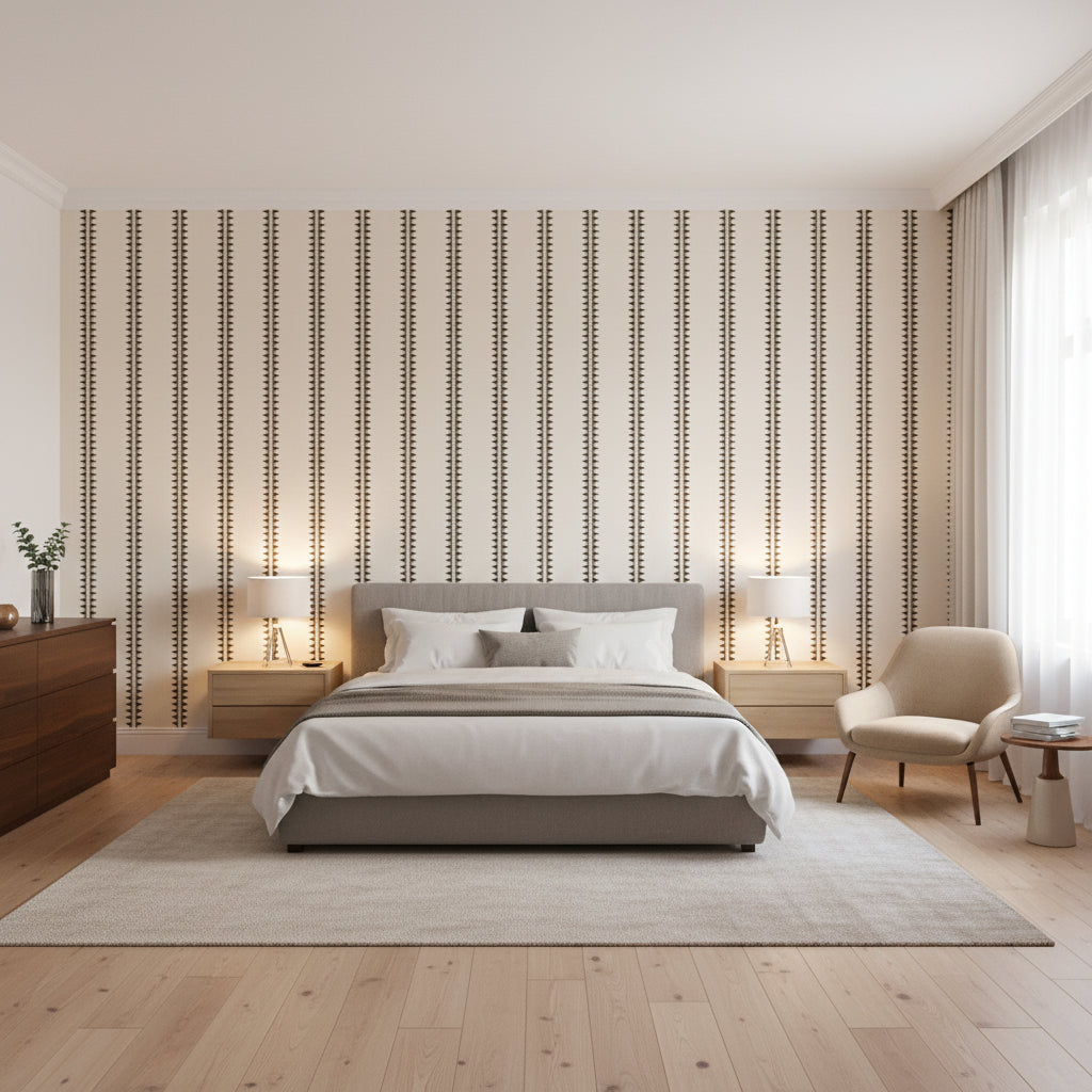 Reno Stripe Brown | Thibaut Wallcoverings - Bedroom Visualization (AI-generated, may not be to scale. Verify pattern scale with product specifications.)