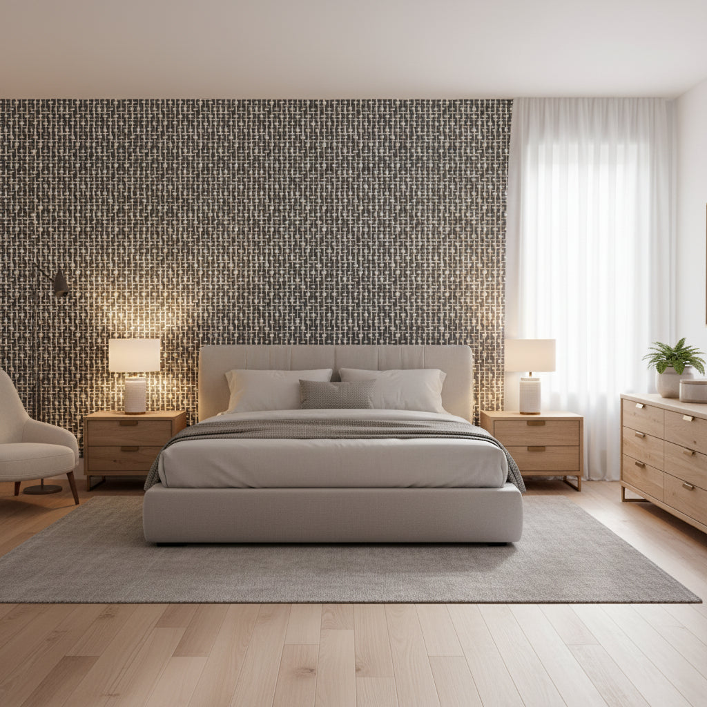 Haven Grey | Thibaut Wallcoverings - Bedroom Visualization (AI-generated, may not be to scale. Verify pattern scale with product specifications.)