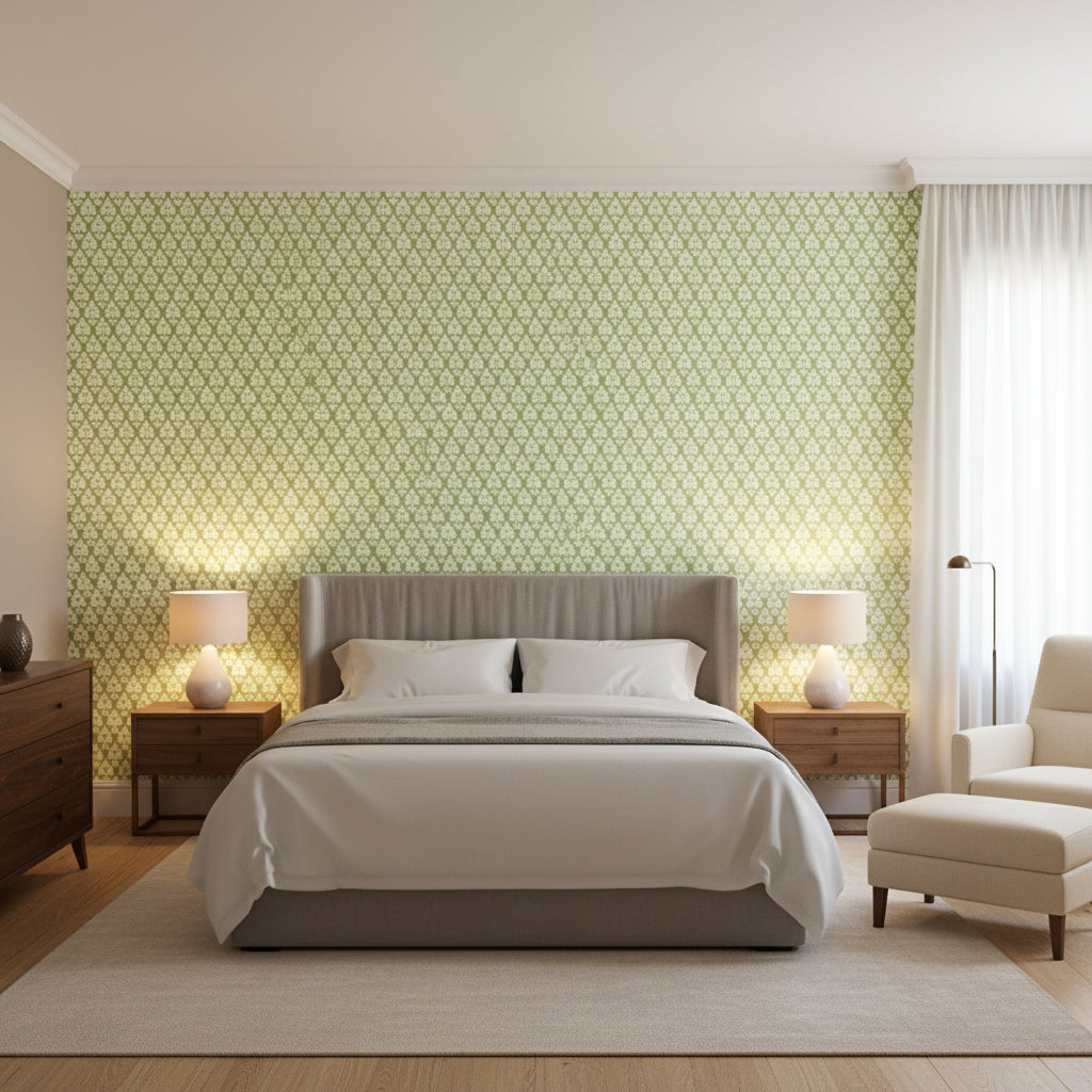 Arboreta Green | Thibaut Wallcoverings - Bedroom Visualization (AI-generated, may not be to scale. Verify pattern scale with product specifications.)