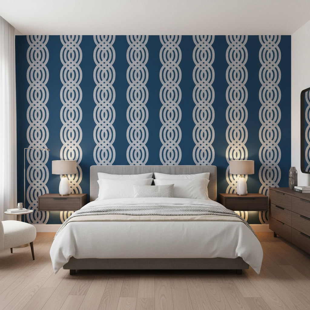 Braid Navy | Thibaut Wallcoverings - Bedroom Visualization (AI-generated, may not be to scale. Verify pattern scale with product specifications.)