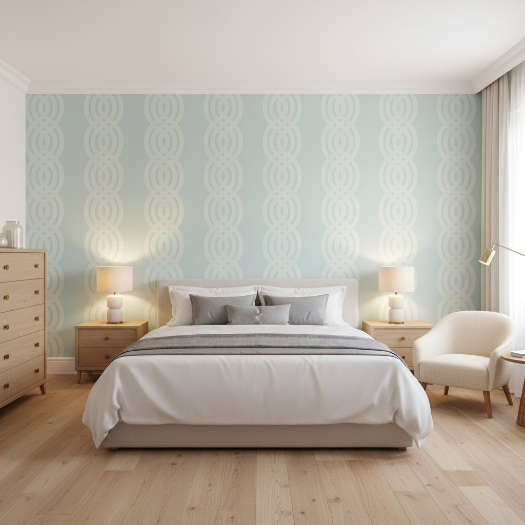 Braid Robin's Egg | Thibaut Wallcoverings - Bedroom Visualization (AI-generated, may not be to scale. Verify pattern scale with product specifications.)