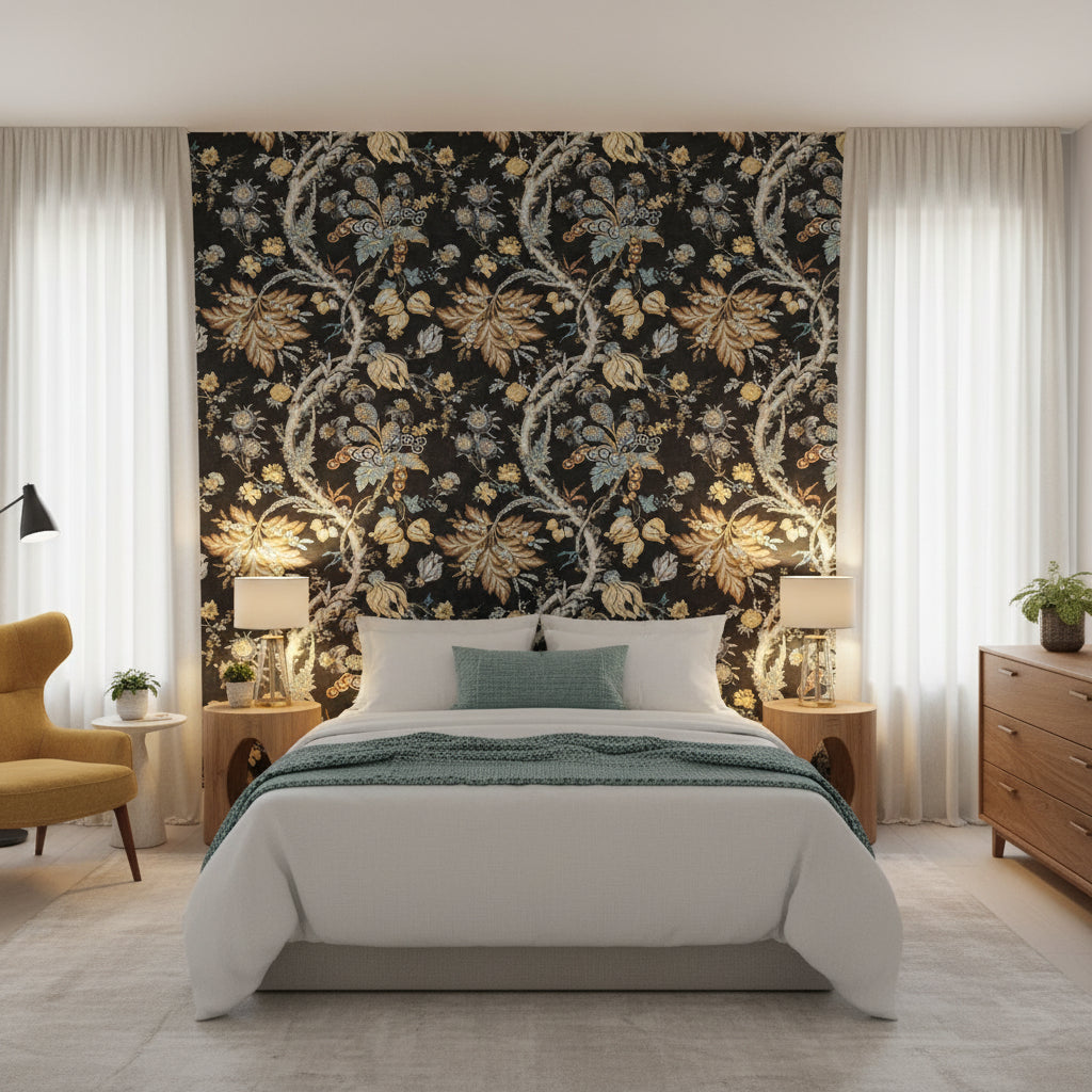 Chatelain Charcoal | Thibaut Wallcoverings - Bedroom Visualization (AI-generated, may not be to scale. Verify pattern scale with product specifications.)