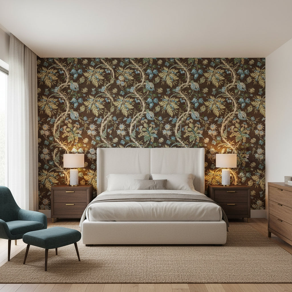 Chatelain Brown | Thibaut Wallcoverings - Bedroom Visualization (AI-generated, may not be to scale. Verify pattern scale with product specifications.)