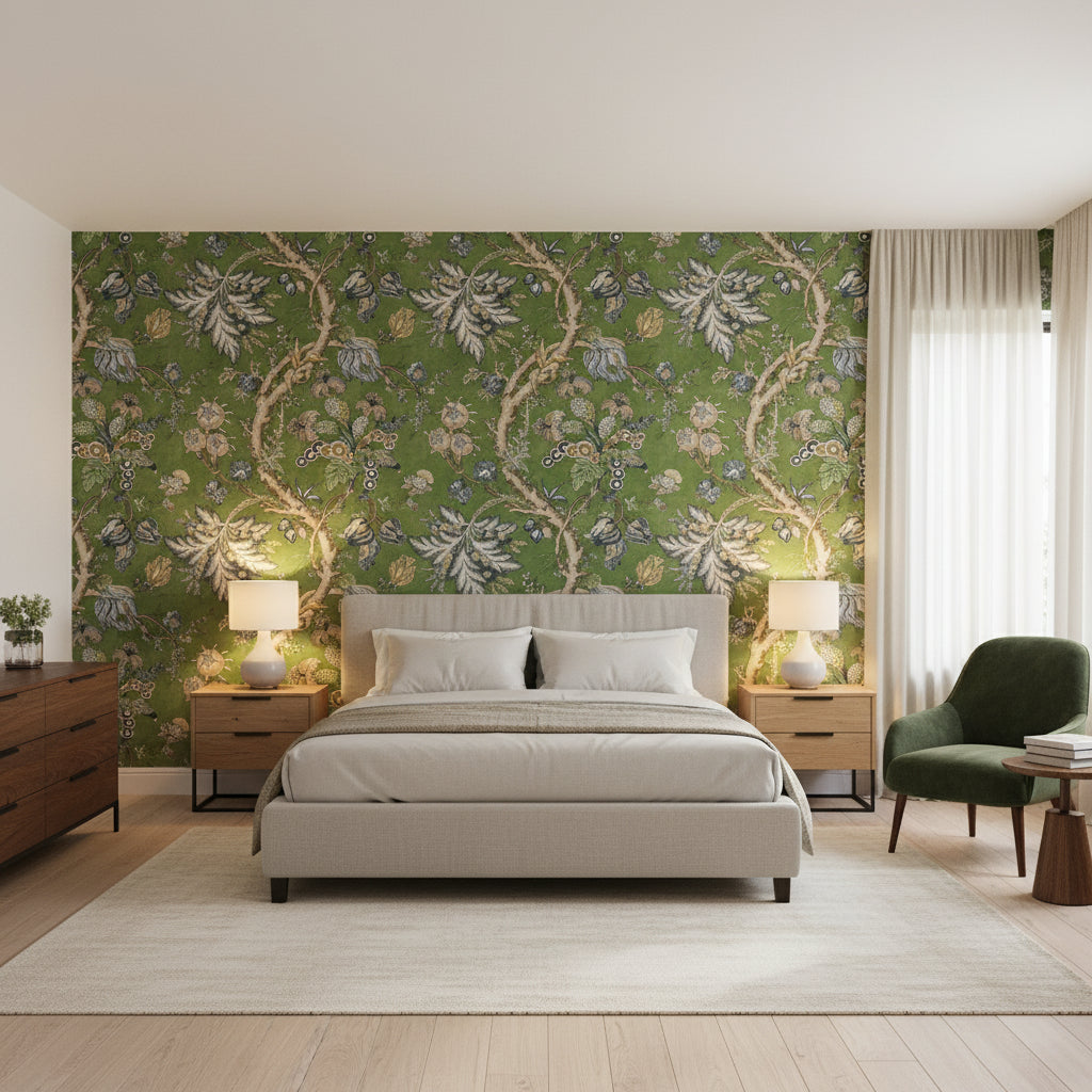 Chatelain Green | Thibaut Wallcoverings - Bedroom Visualization (AI-generated, may not be to scale. Verify pattern scale with product specifications.)