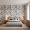 Chatelain Blue and Red | Thibaut Wallcoverings - Bedroom Visualization (AI-generated, may not be to scale. Verify pattern scale with product specifications.)