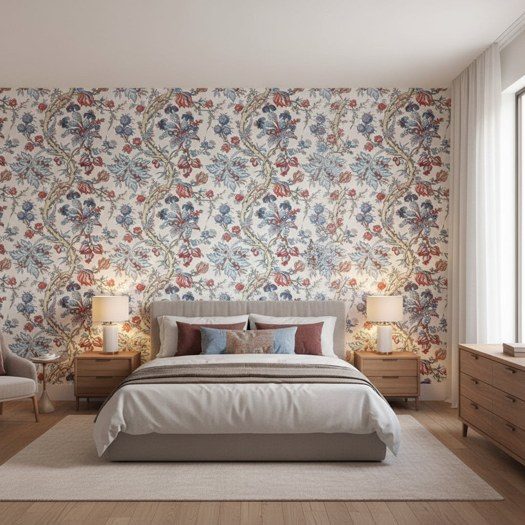 Chatelain Blue and Red | Thibaut Wallcoverings - Bedroom Visualization (AI-generated, may not be to scale. Verify pattern scale with product specifications.)