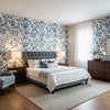 Chatelain Blue and White | Thibaut Wallcoverings - Bedroom Visualization (AI-generated, may not be to scale. Verify pattern scale with product specifications.)