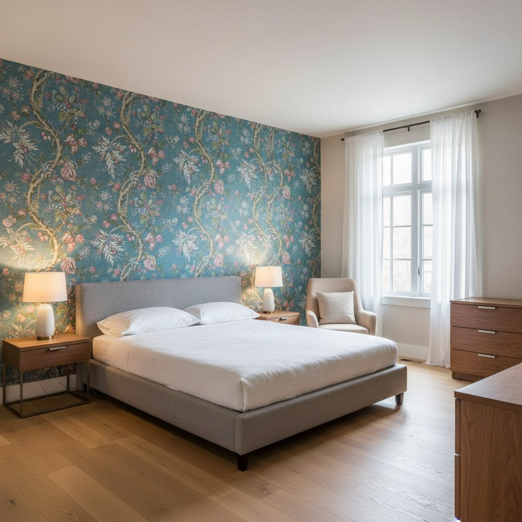 Chatelain Robin's Egg | Thibaut Wallcoverings - Bedroom Visualization (AI-generated, may not be to scale. Verify pattern scale with product specifications.)