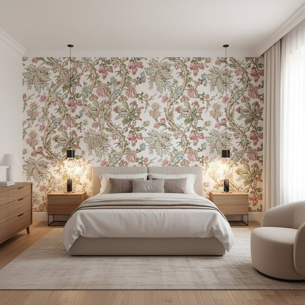 Chatelain Pink | Thibaut Wallcoverings - Bedroom Visualization (AI-generated, may not be to scale. Verify pattern scale with product specifications.)
