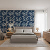 Claudette Navy | Thibaut Wallcoverings - Bedroom Visualization (AI-generated, may not be to scale. Verify pattern scale with product specifications.)