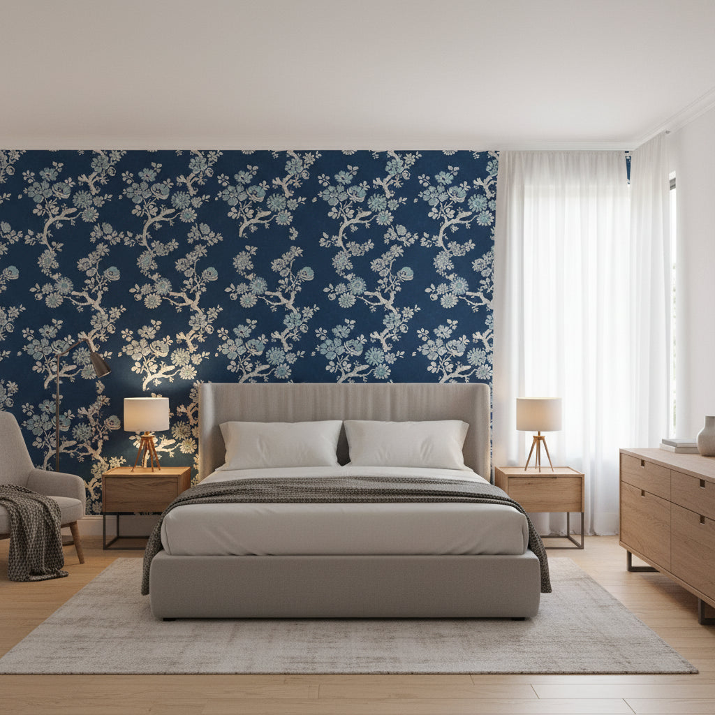 Claudette Navy | Thibaut Wallcoverings - Bedroom Visualization (AI-generated, may not be to scale. Verify pattern scale with product specifications.)