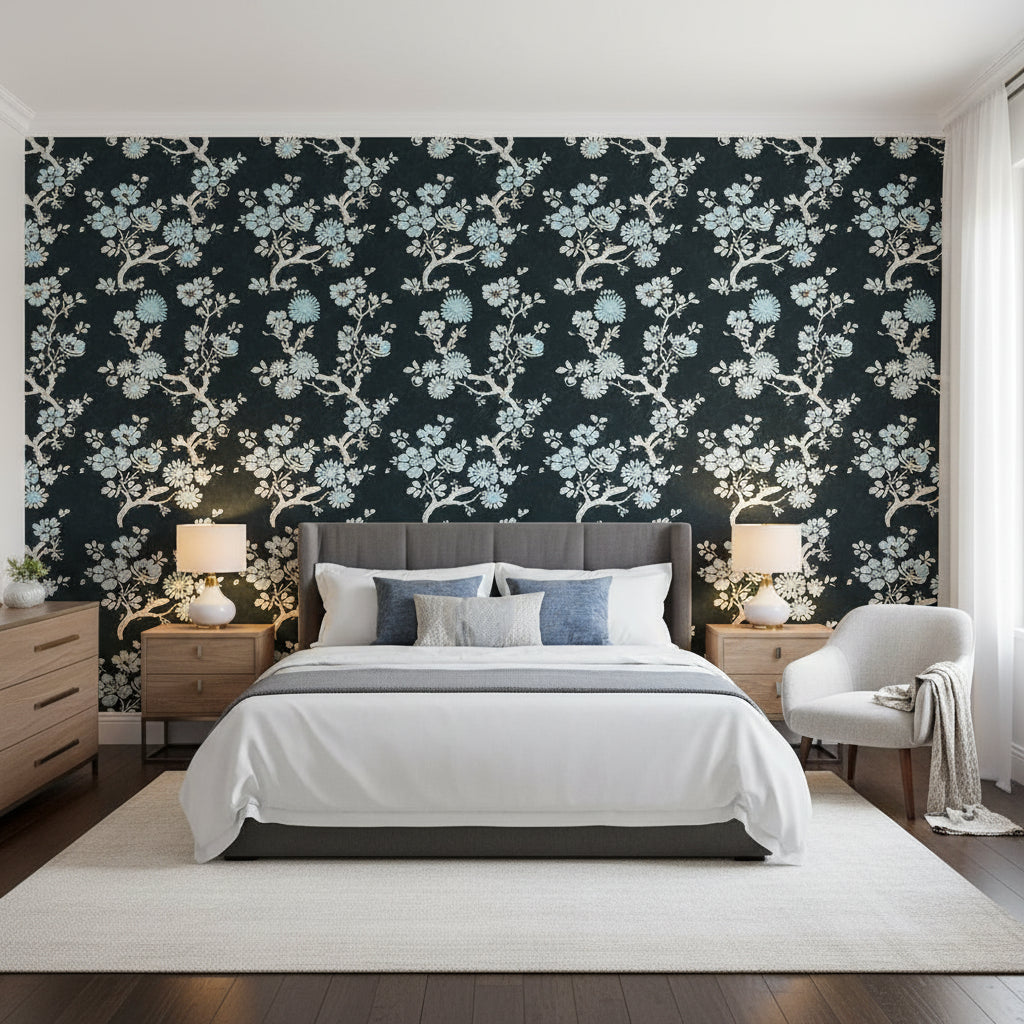 Claudette Charcoal | Thibaut Wallcoverings - Bedroom Visualization (AI-generated, may not be to scale. Verify pattern scale with product specifications.)