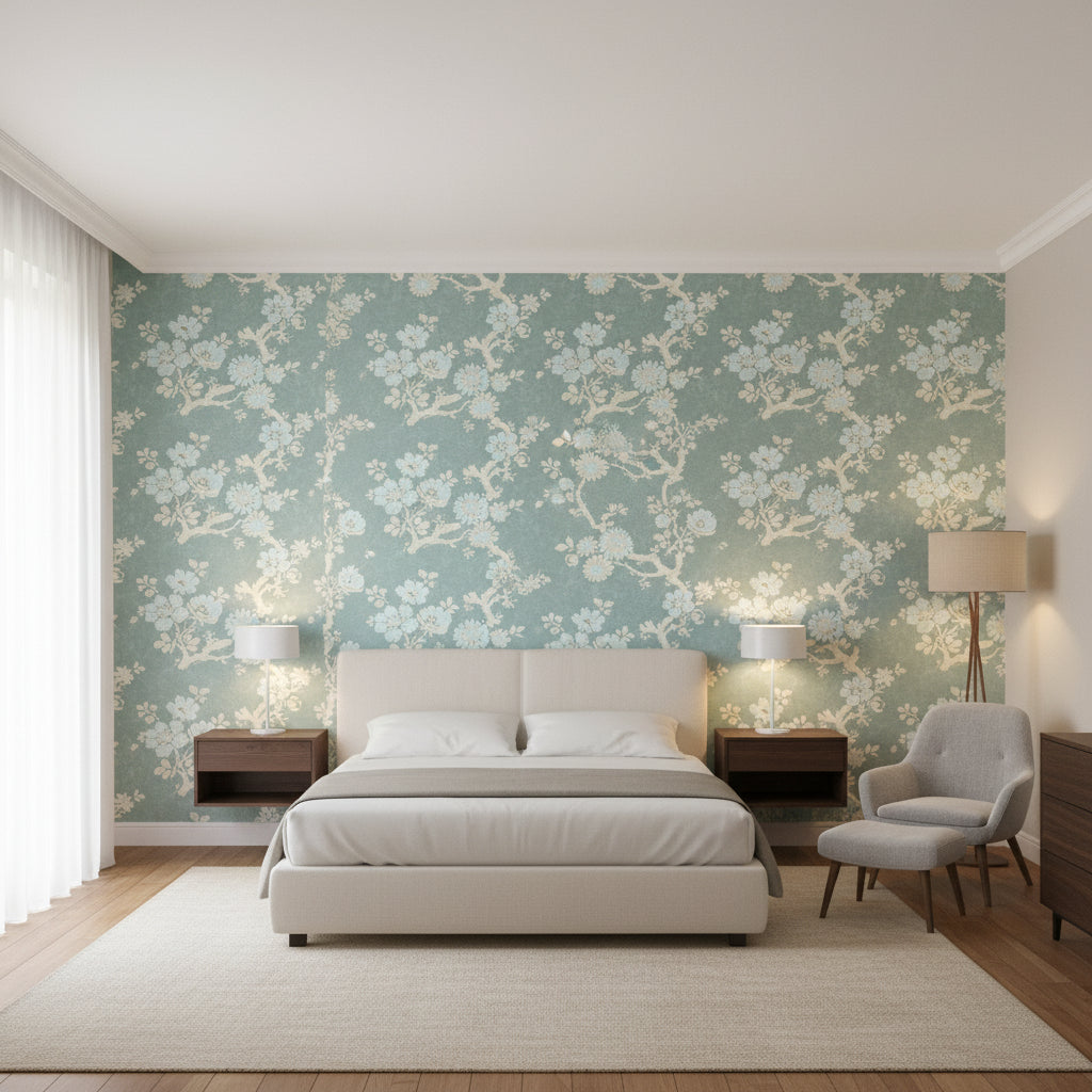Claudette Robin's Egg | Thibaut Wallcoverings - Bedroom Visualization (AI-generated, may not be to scale. Verify pattern scale with product specifications.)